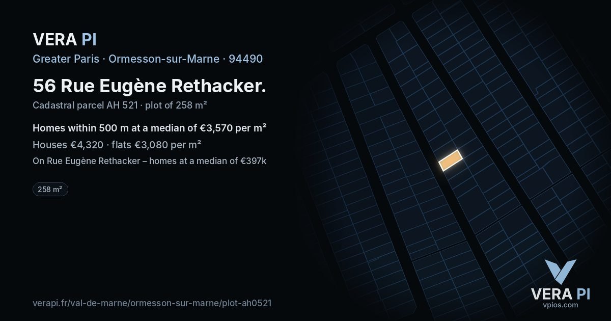 56 Rue Eugène Rethacker, Ormesson-sur-Marne at night – the plot lit, the parcels around coloured by the prices near them