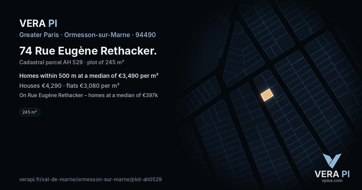 74 Rue Eugène Rethacker, Ormesson-sur-Marne at night – the plot lit, the parcels around coloured by the prices near them
