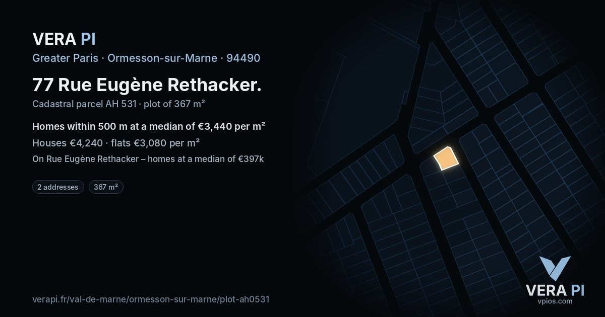 77 Rue Eugène Rethacker, Ormesson-sur-Marne at night – the plot lit, the parcels around coloured by the prices near them