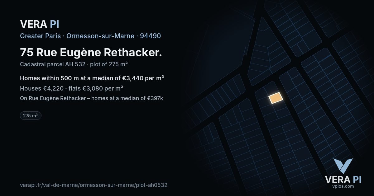 75 Rue Eugène Rethacker, Ormesson-sur-Marne at night – the plot lit, the parcels around coloured by the prices near them