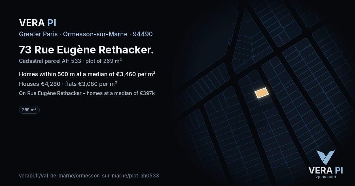 73 Rue Eugène Rethacker, Ormesson-sur-Marne at night – the plot lit, the parcels around coloured by the prices near them