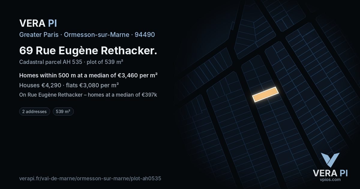 69 Rue Eugène Rethacker, Ormesson-sur-Marne at night – the plot lit, the parcels around coloured by the prices near them