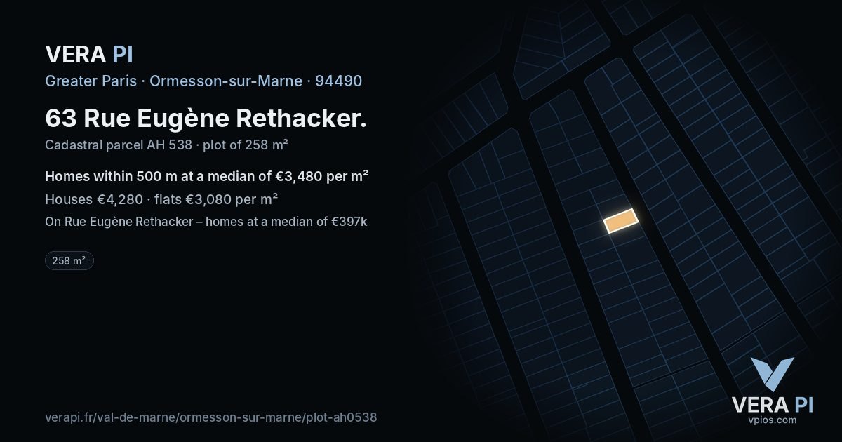 63 Rue Eugène Rethacker, Ormesson-sur-Marne at night – the plot lit, the parcels around coloured by the prices near them