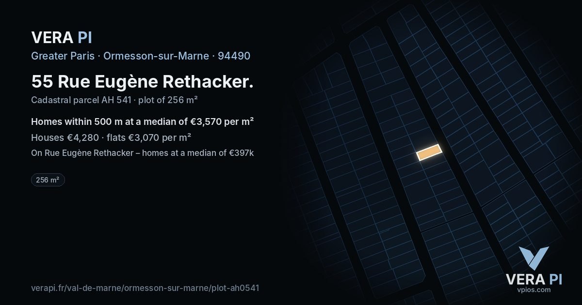 55 Rue Eugène Rethacker, Ormesson-sur-Marne at night – the plot lit, the parcels around coloured by the prices near them