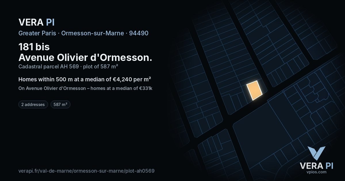181 bis Avenue Olivier d'Ormesson, Ormesson-sur-Marne at night – the plot lit, the parcels around coloured by the prices near them