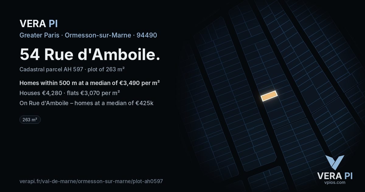 54 Rue d'Amboile, Ormesson-sur-Marne at night – the plot lit, the parcels around coloured by the prices near them