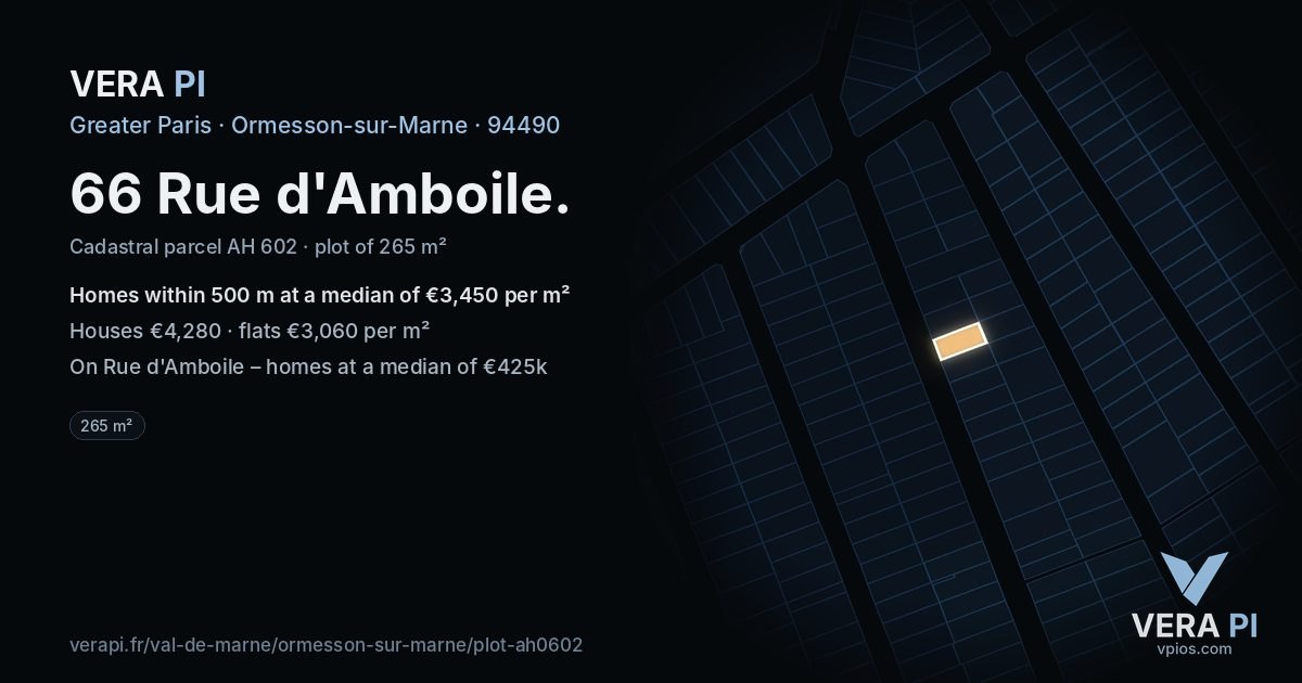 66 Rue d'Amboile, Ormesson-sur-Marne at night – the plot lit, the parcels around coloured by the prices near them