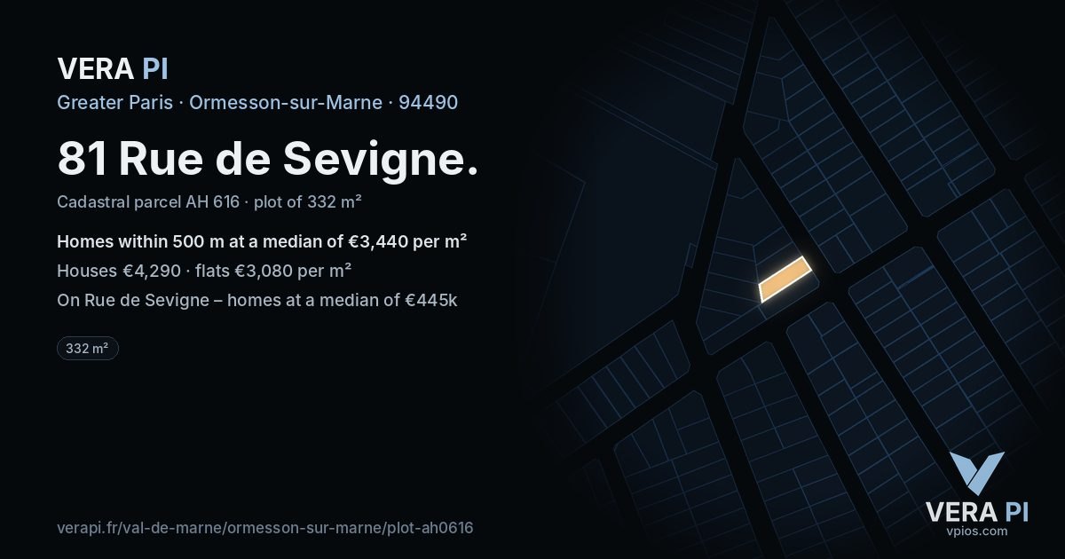 81 Rue de Sevigne, Ormesson-sur-Marne at night – the plot lit, the parcels around coloured by the prices near them
