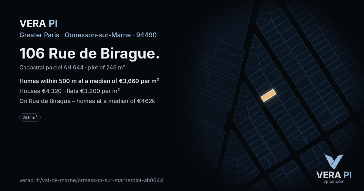 106 Rue de Birague, Ormesson-sur-Marne at night – the plot lit, the parcels around coloured by the prices near them