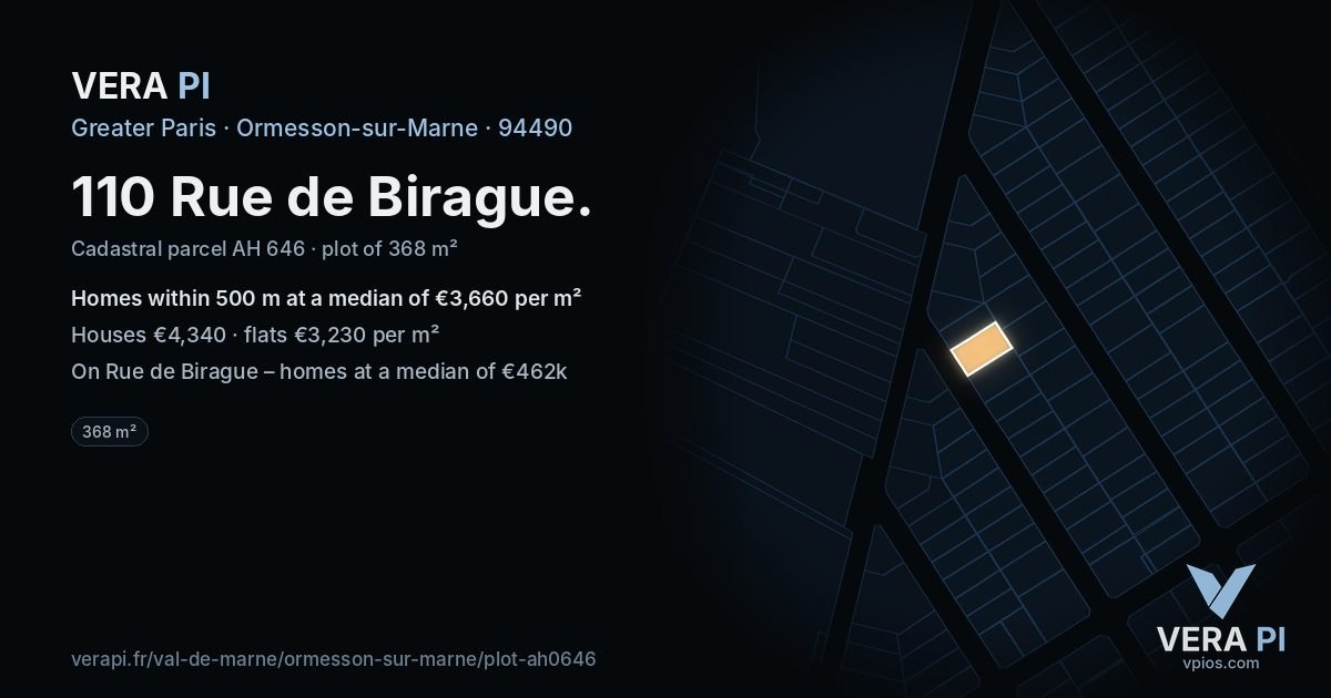 110 Rue de Birague, Ormesson-sur-Marne at night – the plot lit, the parcels around coloured by the prices near them