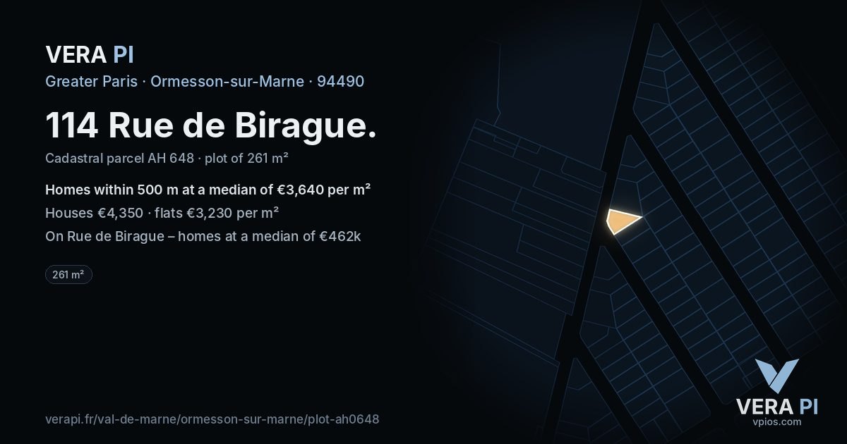 114 Rue de Birague, Ormesson-sur-Marne at night – the plot lit, the parcels around coloured by the prices near them