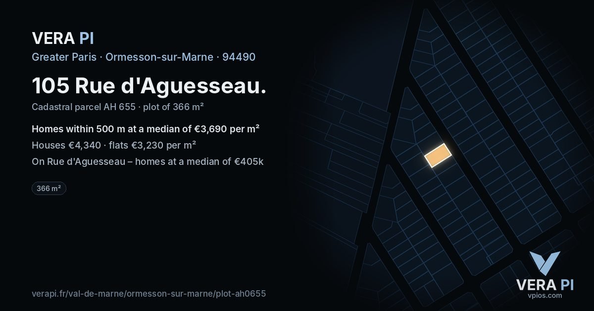 105 Rue d'Aguesseau, Ormesson-sur-Marne at night – the plot lit, the parcels around coloured by the prices near them