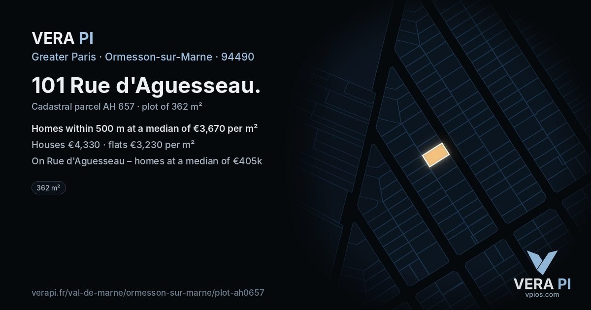 101 Rue d'Aguesseau, Ormesson-sur-Marne at night – the plot lit, the parcels around coloured by the prices near them