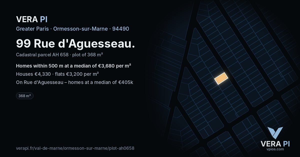 99 Rue d'Aguesseau, Ormesson-sur-Marne at night – the plot lit, the parcels around coloured by the prices near them