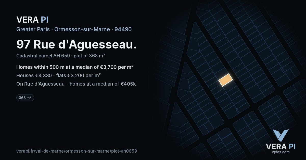 97 Rue d'Aguesseau, Ormesson-sur-Marne at night – the plot lit, the parcels around coloured by the prices near them
