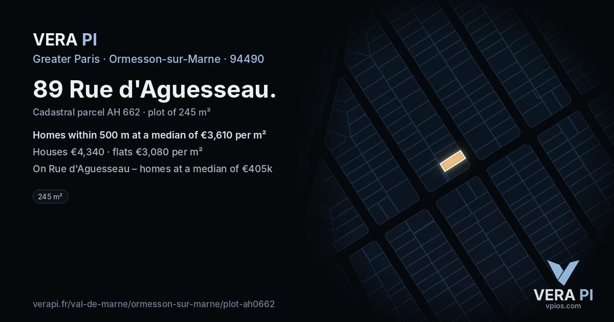 89 Rue d'Aguesseau, Ormesson-sur-Marne at night – the plot lit, the parcels around coloured by the prices near them