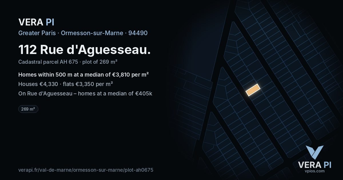 112 Rue d'Aguesseau, Ormesson-sur-Marne at night – the plot lit, the parcels around coloured by the prices near them
