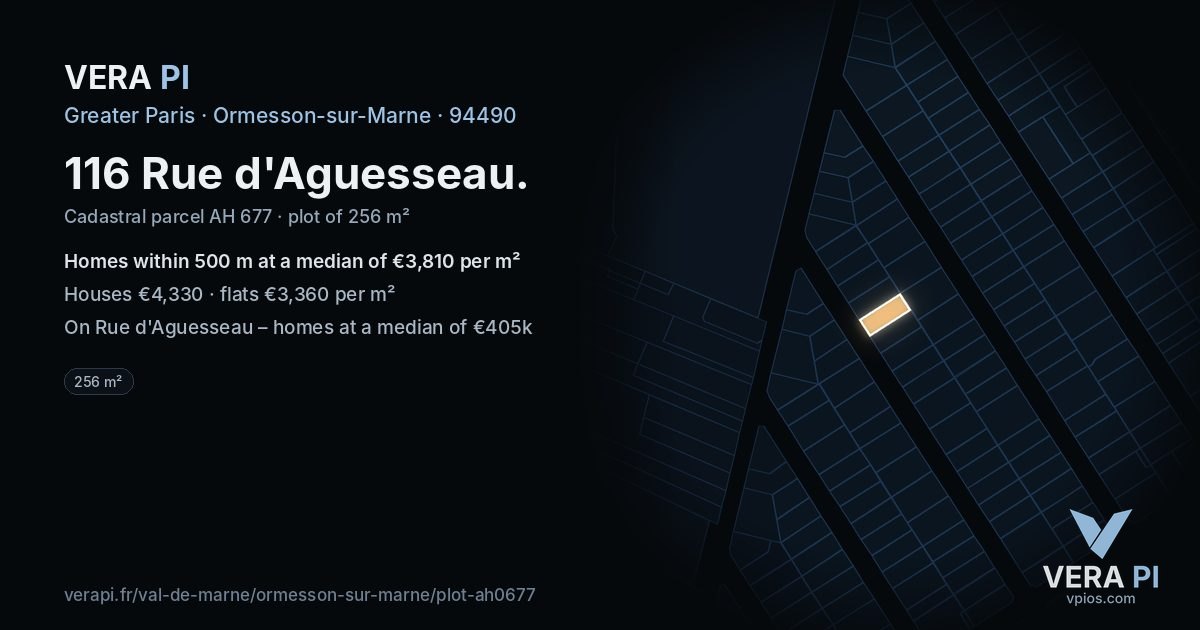 116 Rue d'Aguesseau, Ormesson-sur-Marne at night – the plot lit, the parcels around coloured by the prices near them