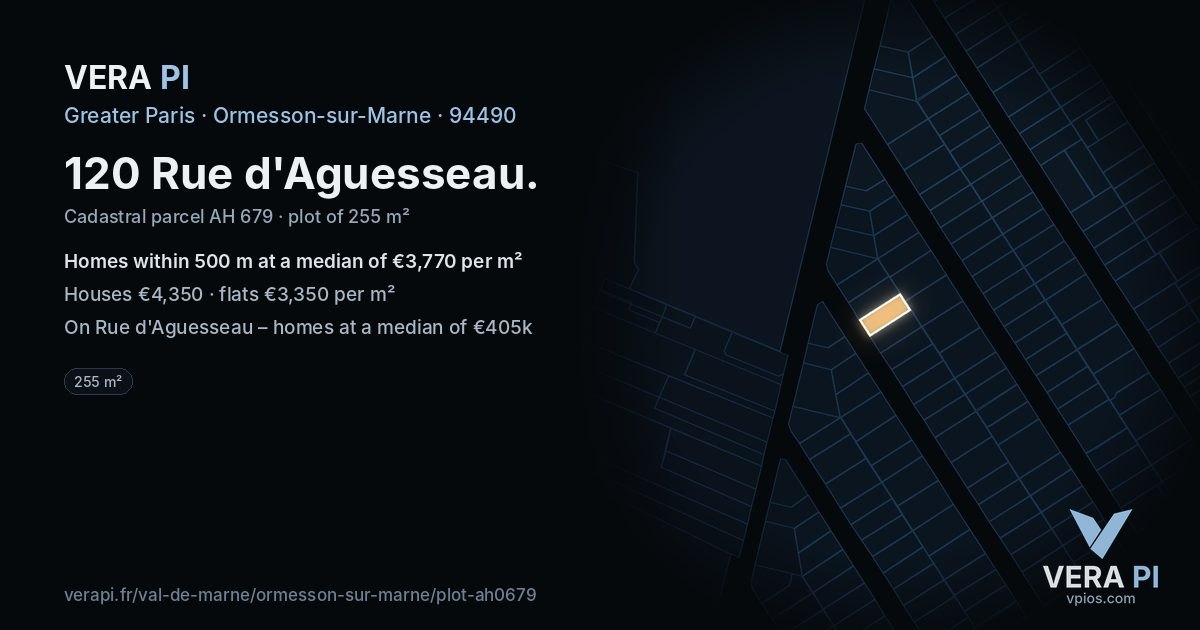 120 Rue d'Aguesseau, Ormesson-sur-Marne at night – the plot lit, the parcels around coloured by the prices near them