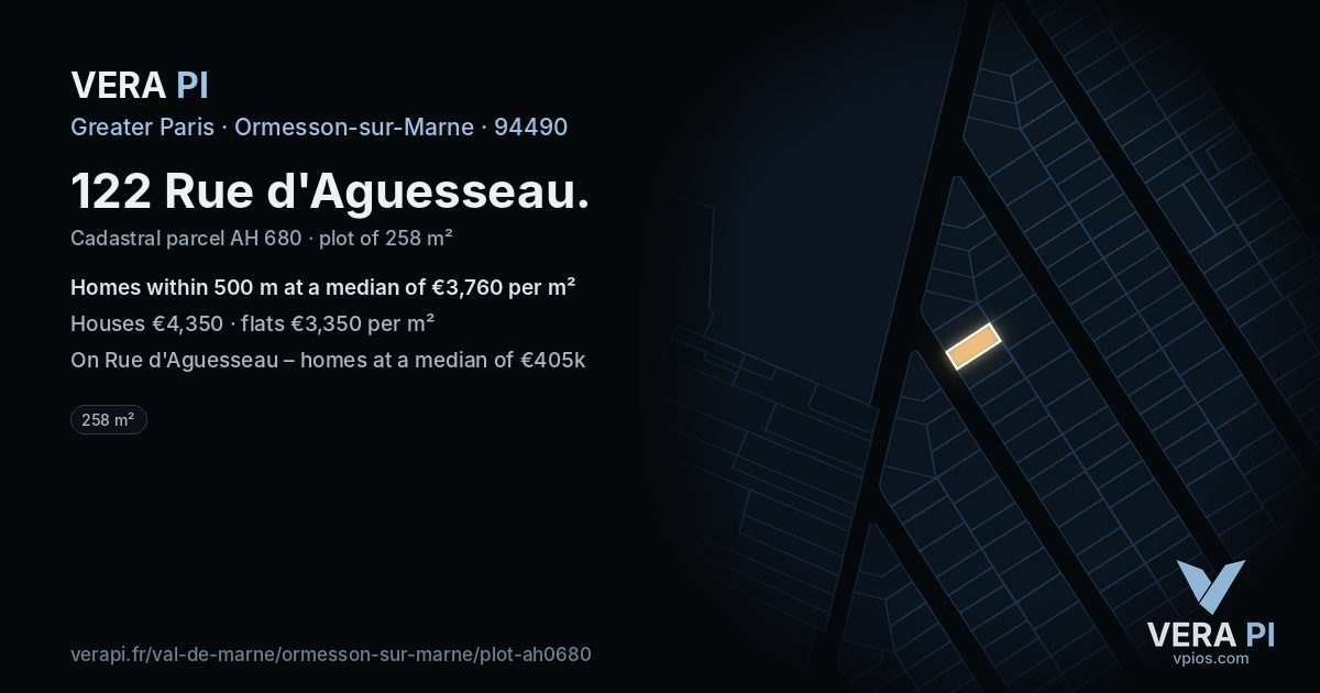 122 Rue d'Aguesseau, Ormesson-sur-Marne at night – the plot lit, the parcels around coloured by the prices near them