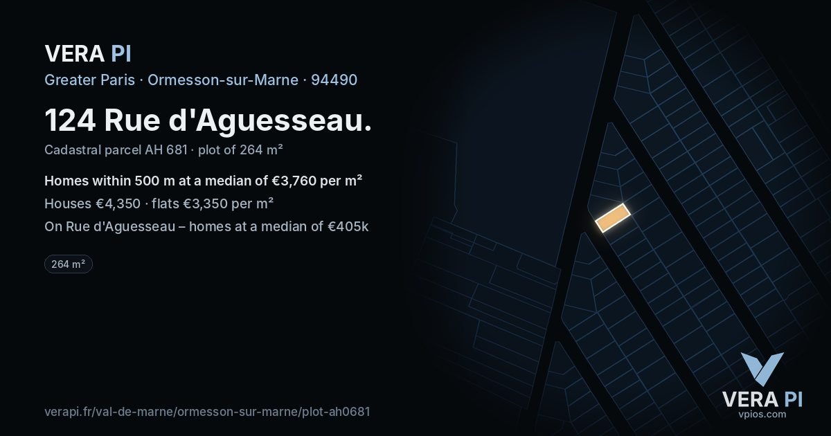 124 Rue d'Aguesseau, Ormesson-sur-Marne at night – the plot lit, the parcels around coloured by the prices near them