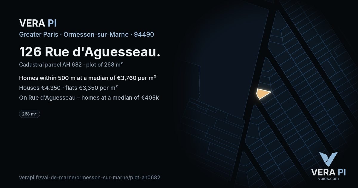 126 Rue d'Aguesseau, Ormesson-sur-Marne at night – the plot lit, the parcels around coloured by the prices near them