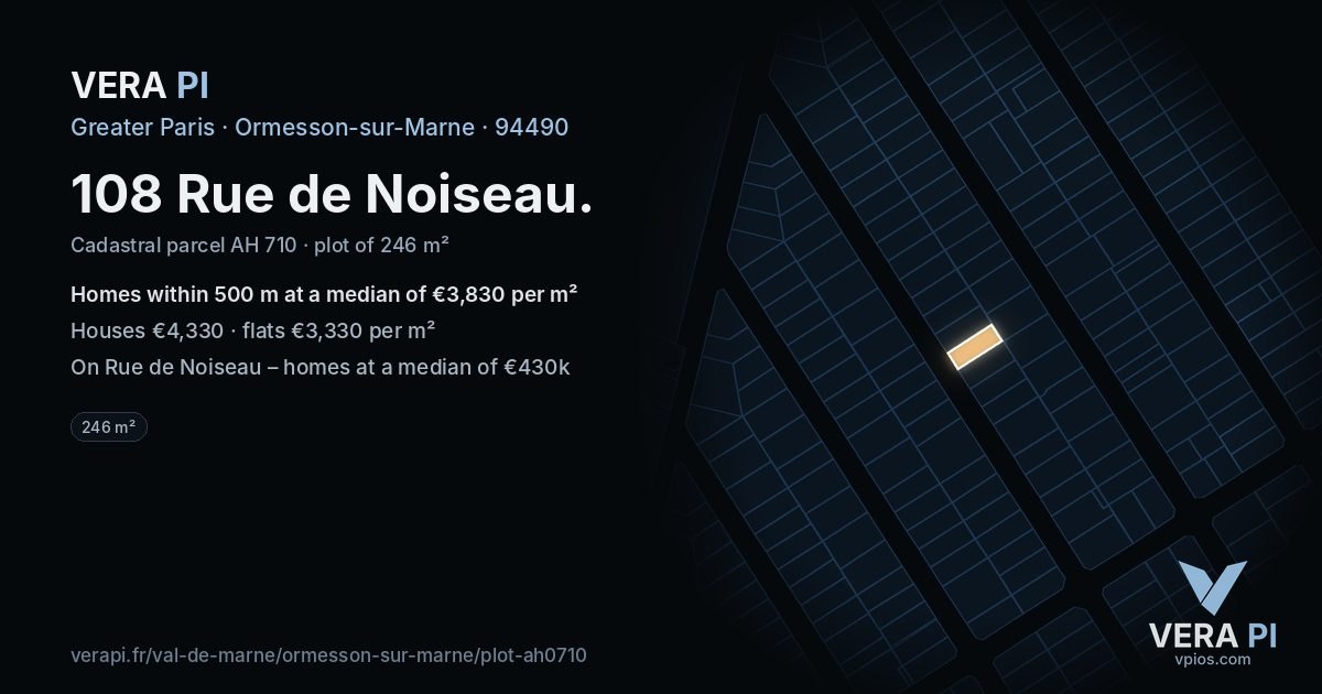 108 Rue de Noiseau, Ormesson-sur-Marne at night – the plot lit, the parcels around coloured by the prices near them