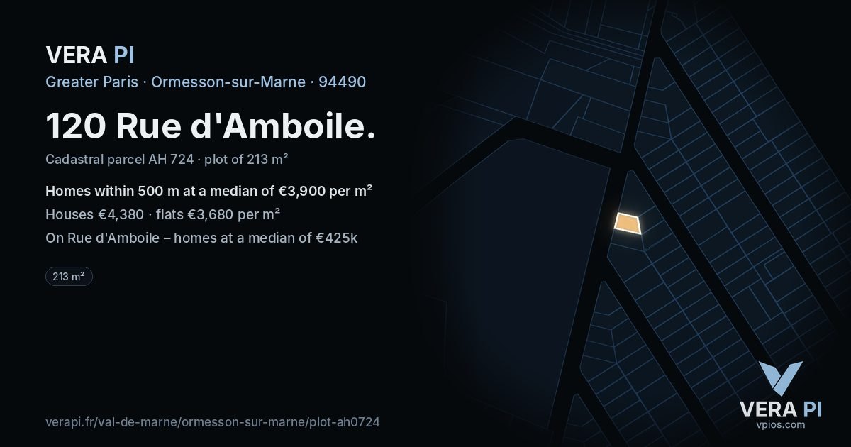 120 Rue d'Amboile, Ormesson-sur-Marne at night – the plot lit, the parcels around coloured by the prices near them