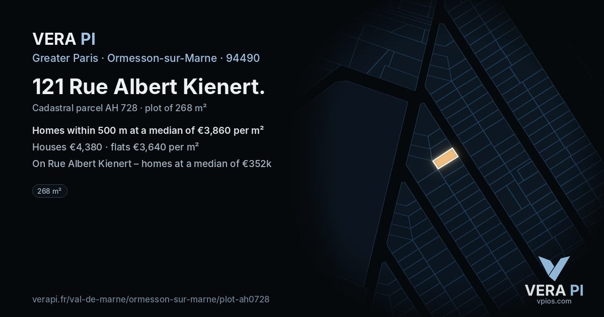 121 Rue Albert Kienert, Ormesson-sur-Marne at night – the plot lit, the parcels around coloured by the prices near them