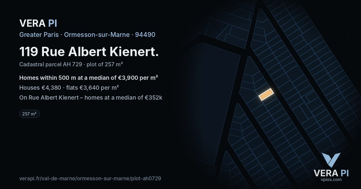 119 Rue Albert Kienert, Ormesson-sur-Marne at night – the plot lit, the parcels around coloured by the prices near them