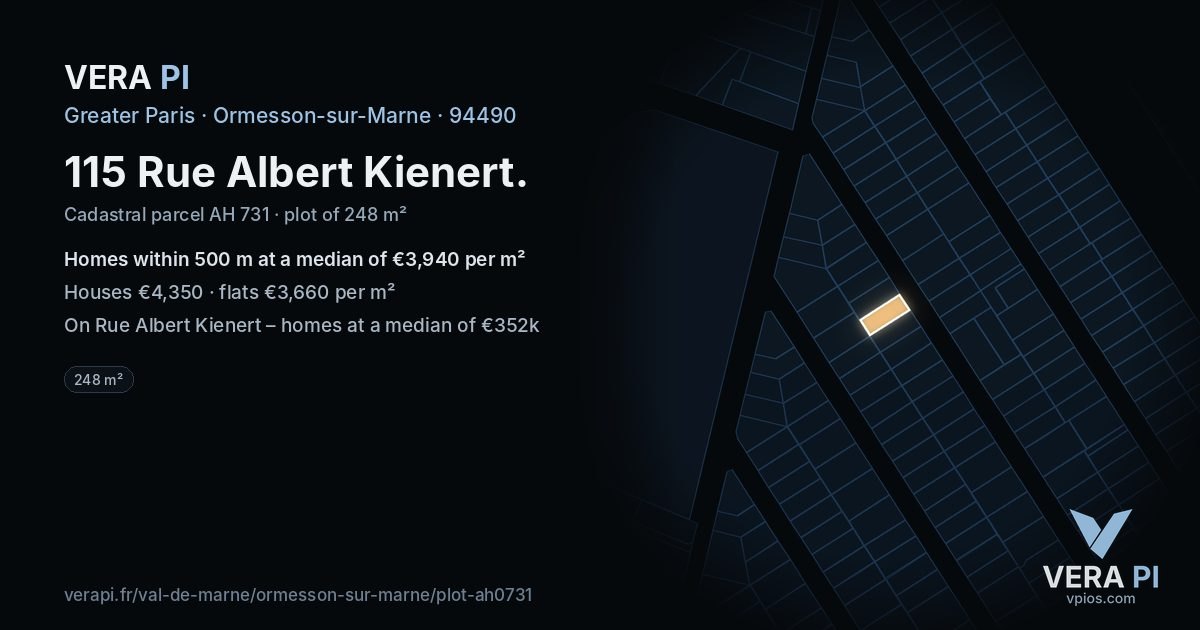 115 Rue Albert Kienert, Ormesson-sur-Marne at night – the plot lit, the parcels around coloured by the prices near them
