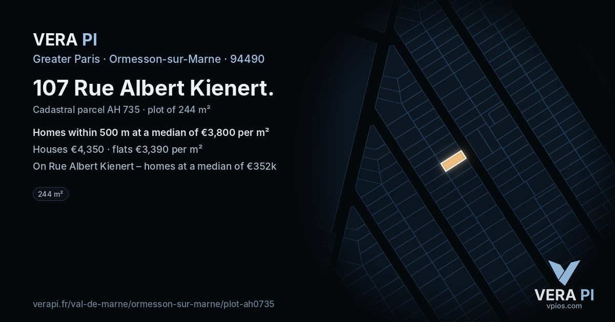 107 Rue Albert Kienert, Ormesson-sur-Marne at night – the plot lit, the parcels around coloured by the prices near them
