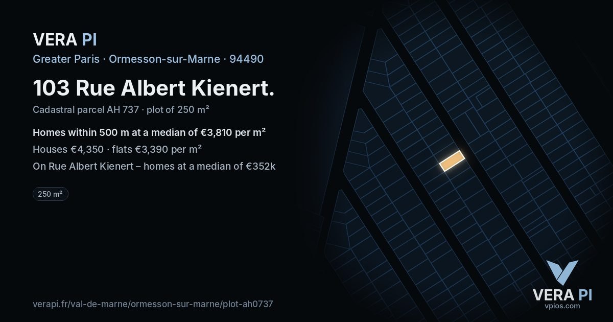 103 Rue Albert Kienert, Ormesson-sur-Marne at night – the plot lit, the parcels around coloured by the prices near them