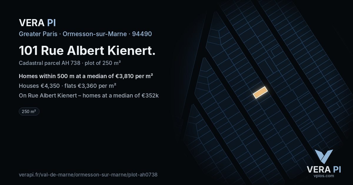 101 Rue Albert Kienert, Ormesson-sur-Marne at night – the plot lit, the parcels around coloured by the prices near them