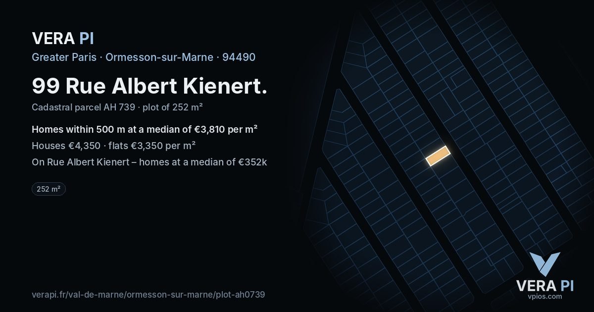 99 Rue Albert Kienert, Ormesson-sur-Marne at night – the plot lit, the parcels around coloured by the prices near them