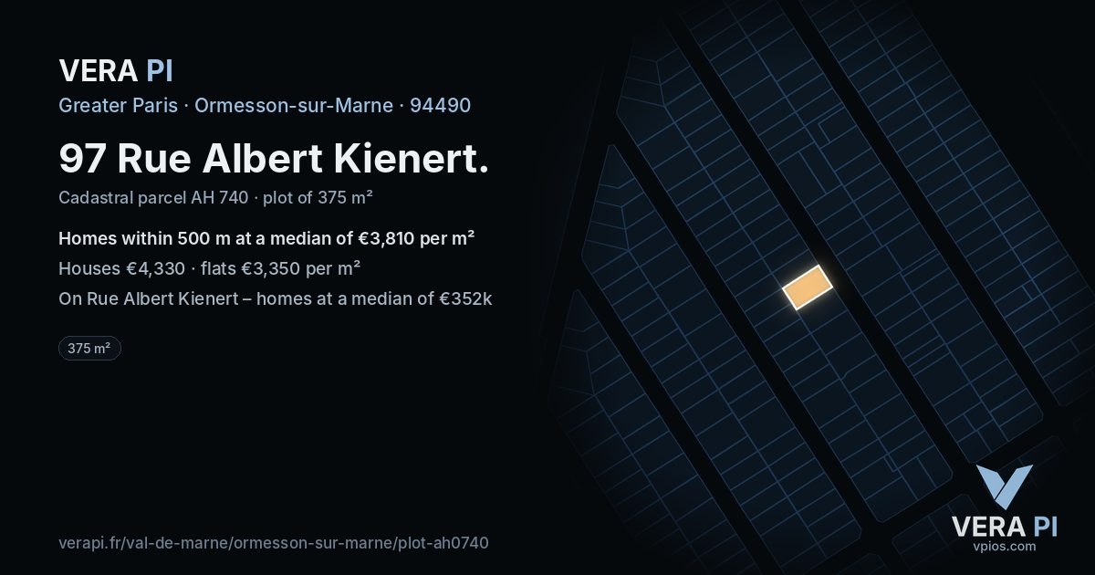 97 Rue Albert Kienert, Ormesson-sur-Marne at night – the plot lit, the parcels around coloured by the prices near them