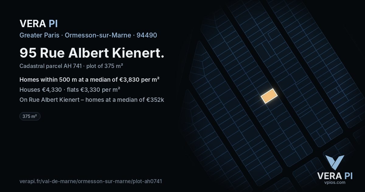 95 Rue Albert Kienert, Ormesson-sur-Marne at night – the plot lit, the parcels around coloured by the prices near them
