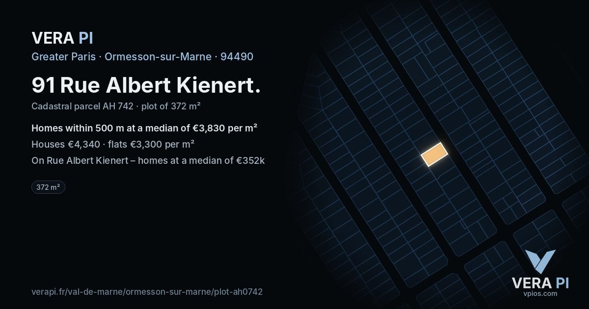 91 Rue Albert Kienert, Ormesson-sur-Marne at night – the plot lit, the parcels around coloured by the prices near them