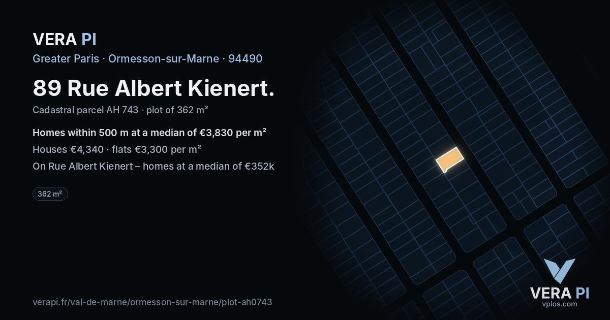 89 Rue Albert Kienert, Ormesson-sur-Marne at night – the plot lit, the parcels around coloured by the prices near them