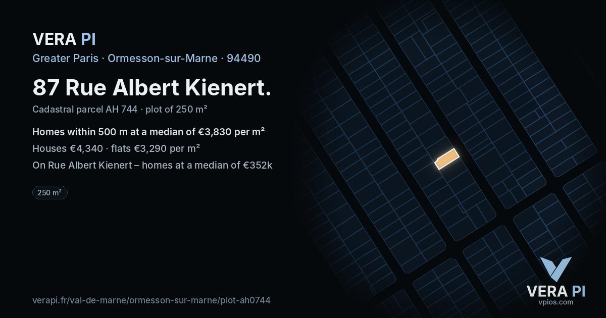 87 Rue Albert Kienert, Ormesson-sur-Marne at night – the plot lit, the parcels around coloured by the prices near them