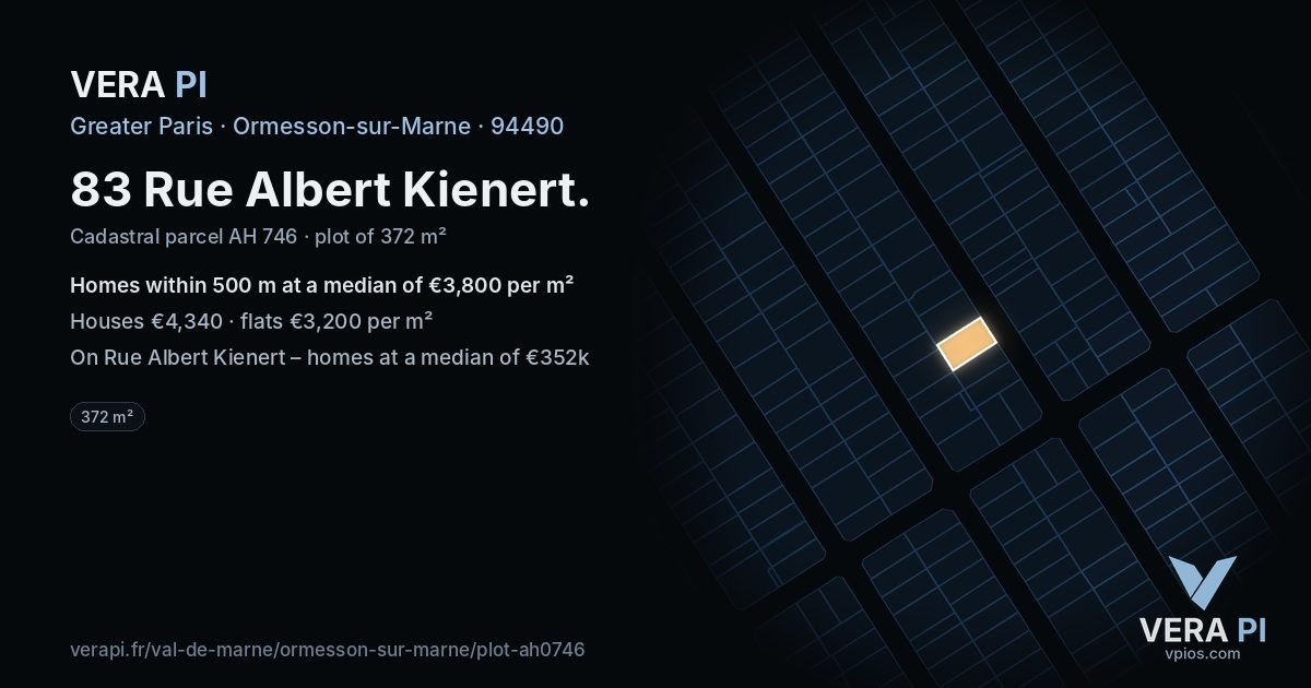 83 Rue Albert Kienert, Ormesson-sur-Marne at night – the plot lit, the parcels around coloured by the prices near them