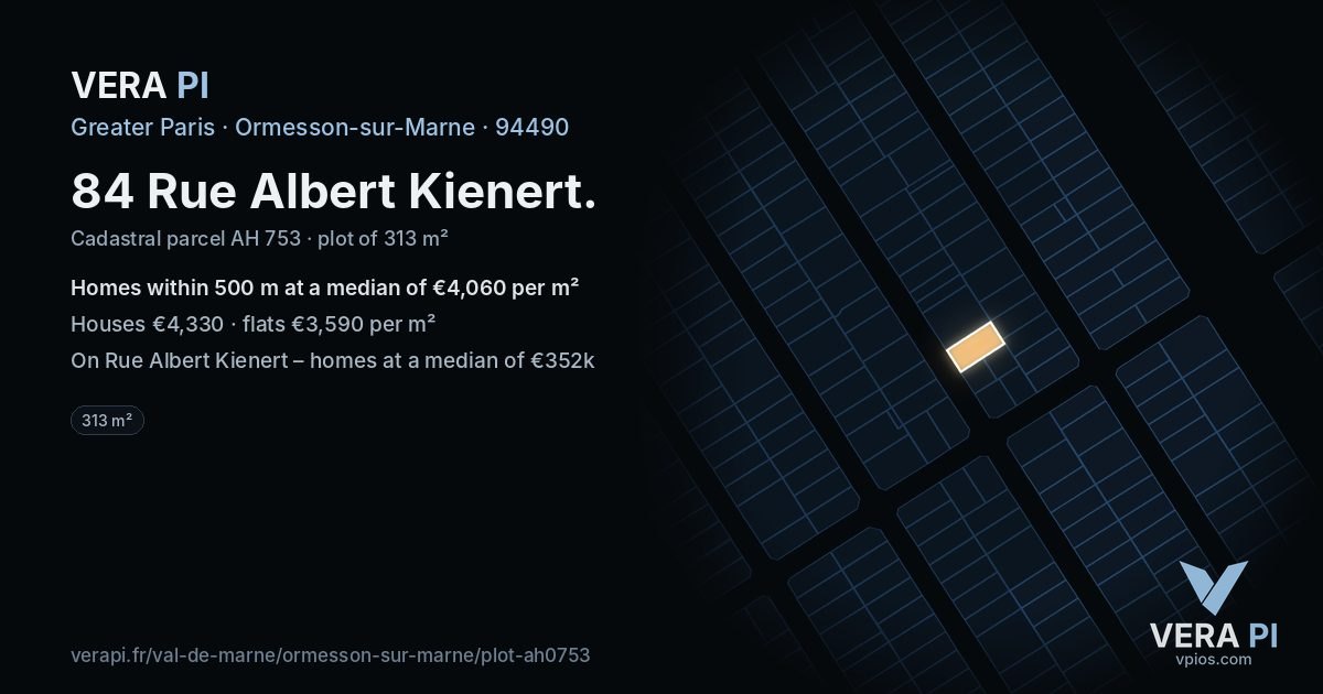 84 Rue Albert Kienert, Ormesson-sur-Marne at night – the plot lit, the parcels around coloured by the prices near them