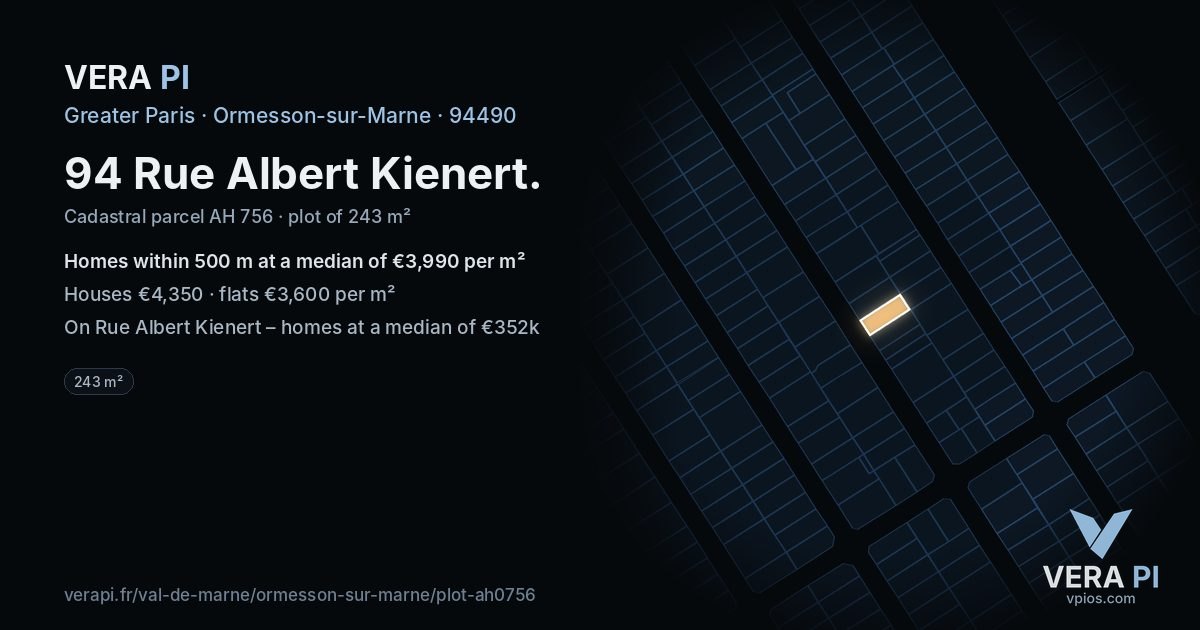 94 Rue Albert Kienert, Ormesson-sur-Marne at night – the plot lit, the parcels around coloured by the prices near them