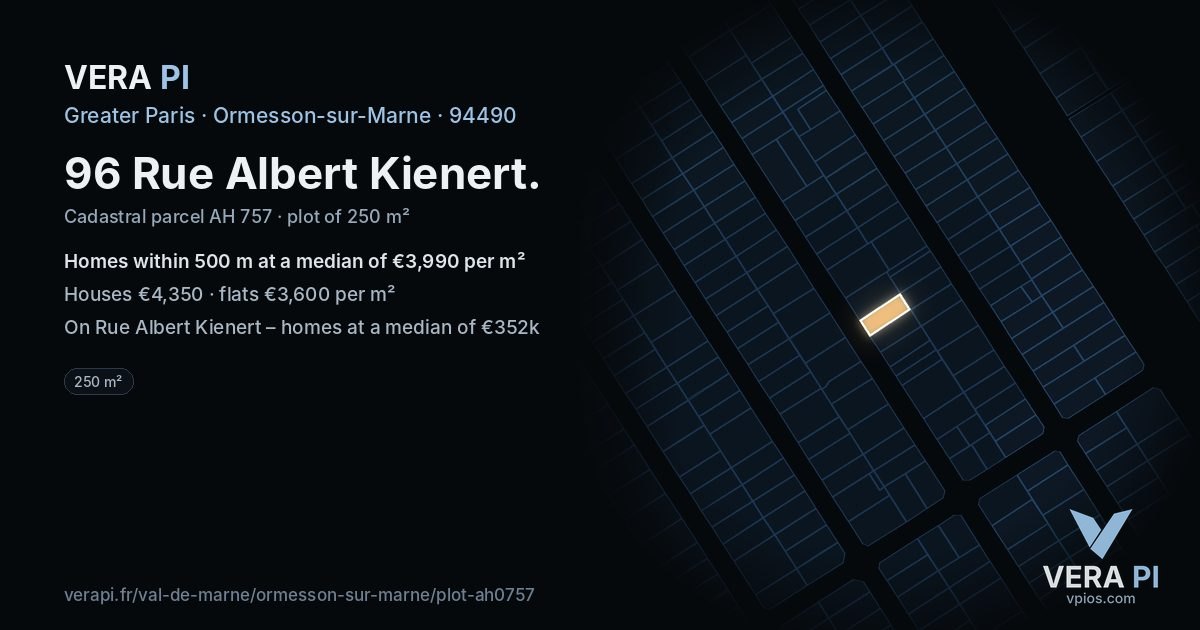 96 Rue Albert Kienert, Ormesson-sur-Marne at night – the plot lit, the parcels around coloured by the prices near them
