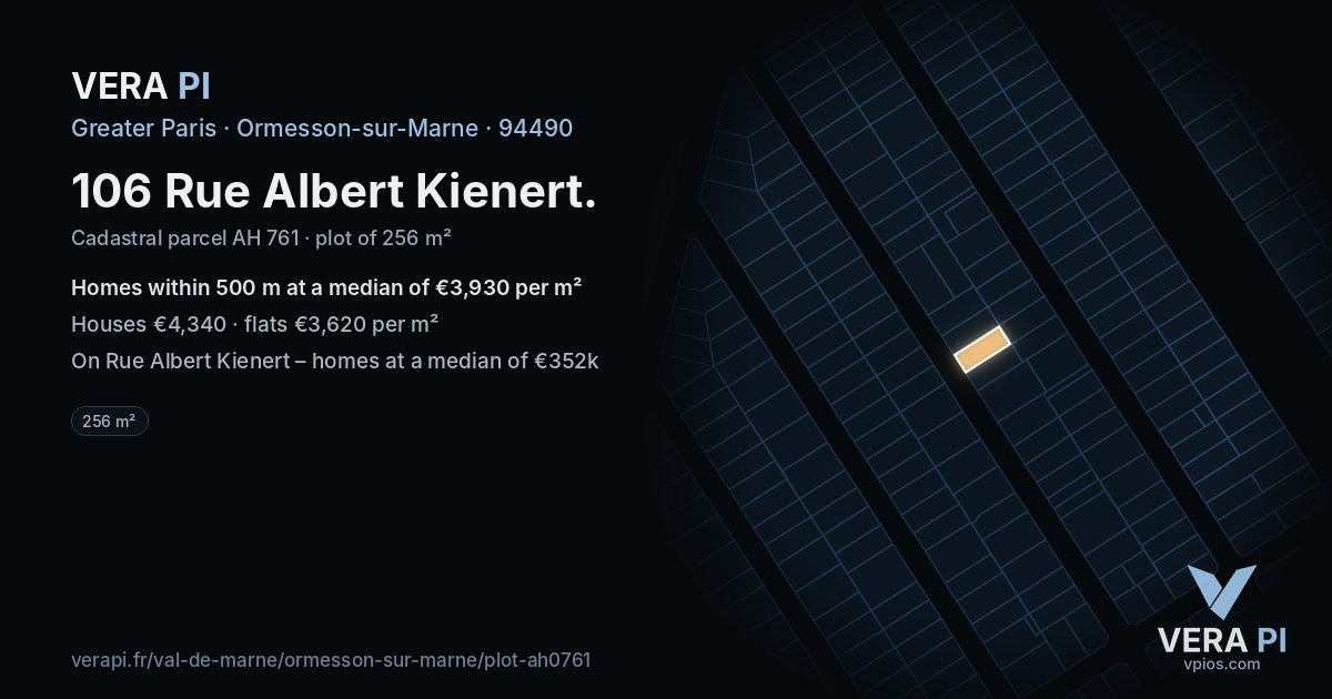 106 Rue Albert Kienert, Ormesson-sur-Marne at night – the plot lit, the parcels around coloured by the prices near them