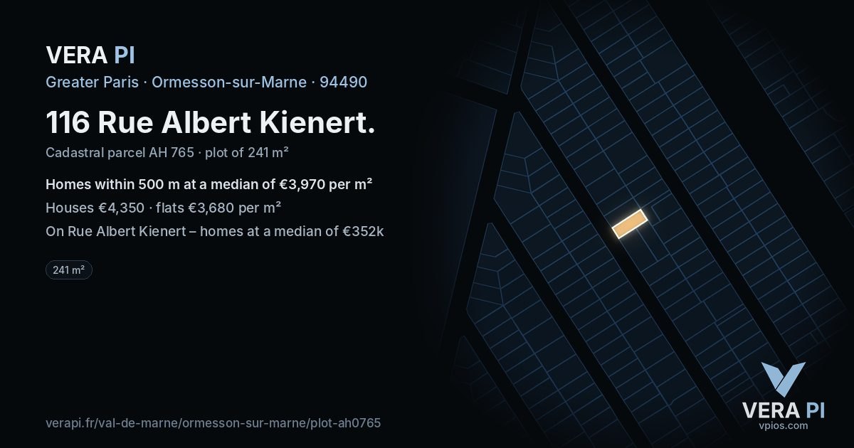 116 Rue Albert Kienert, Ormesson-sur-Marne at night – the plot lit, the parcels around coloured by the prices near them