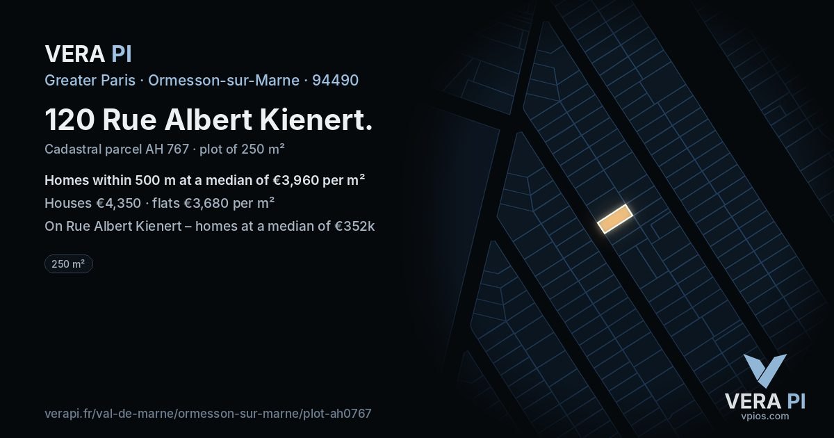 120 Rue Albert Kienert, Ormesson-sur-Marne at night – the plot lit, the parcels around coloured by the prices near them