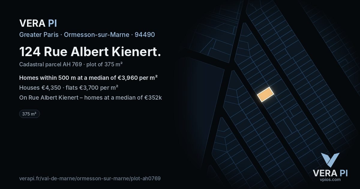124 Rue Albert Kienert, Ormesson-sur-Marne at night – the plot lit, the parcels around coloured by the prices near them