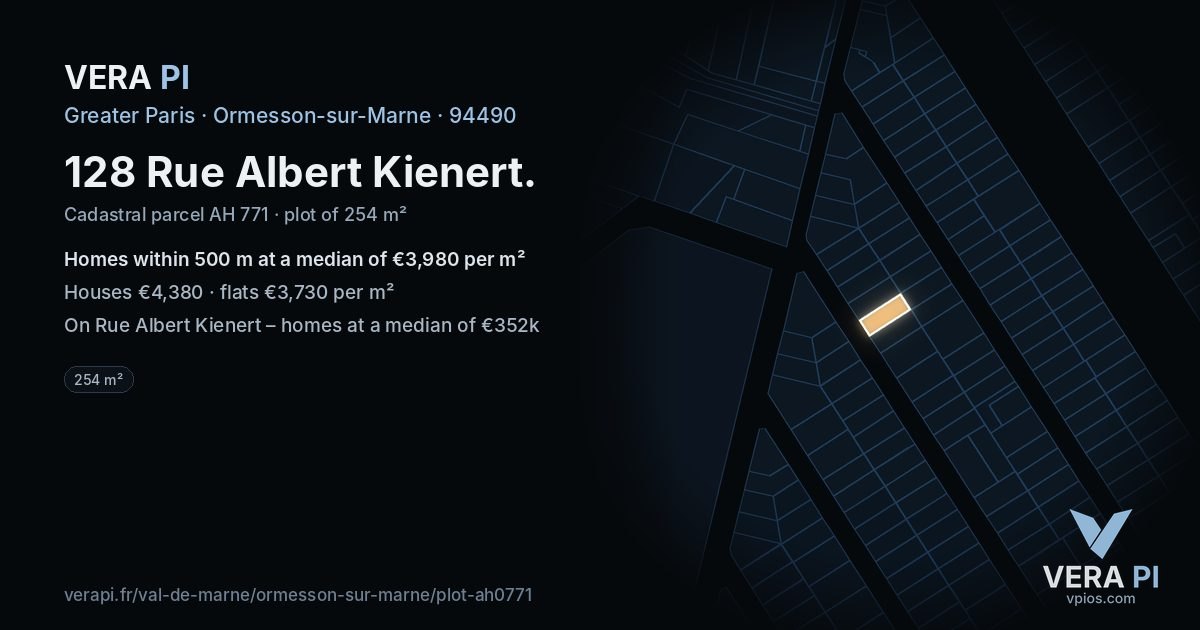 128 Rue Albert Kienert, Ormesson-sur-Marne at night – the plot lit, the parcels around coloured by the prices near them