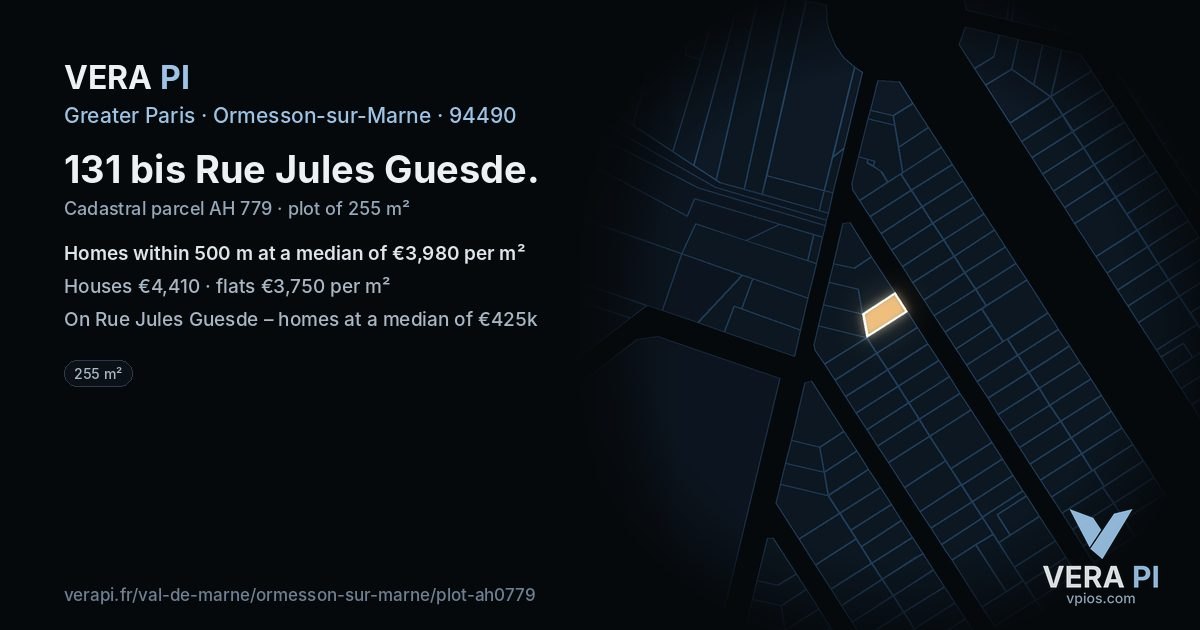 131 bis Rue Jules Guesde, Ormesson-sur-Marne at night – the plot lit, the parcels around coloured by the prices near them